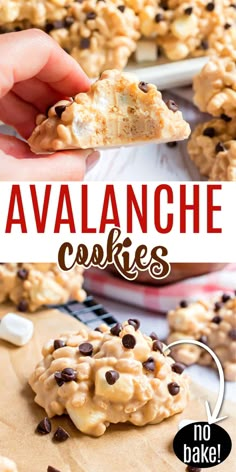 a hand holding a cookie with chocolate chips on it and the words avalanche cookies above it