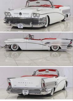 two pictures of an old white car with red trims and chrome rims on the hood