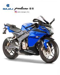 a blue and black motorcycle is shown on a white background