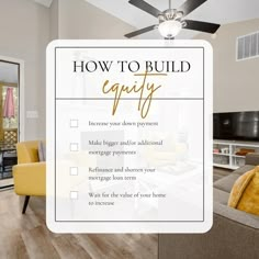 a living room with yellow furniture and a white sign that says how to build quickly