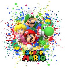 the super mario bros logo is surrounded by sprinkles and colored paint on a white background