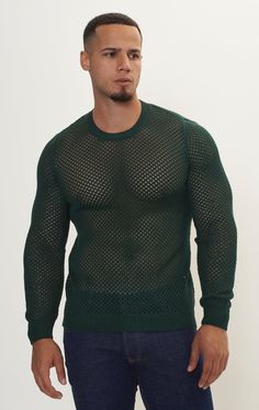 See Through Fishnet Muscle Fit Shirt - Green - Ron Tomson Green Sheer Mesh Top, Sheer Green Mesh Top, Fitted Green Mesh Top, Green Mesh Crew Neck Top, Fitted Mesh Top With Open Knit, Fitted Mesh Open Knit Top, Green Stretch Sheer Mesh Top, Green Sheer Stretch Mesh Top, Green Mesh Casual Top