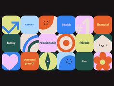 an iphone screen with the words family, friends, and health icons on it's side