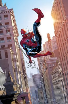 a spider - man flying through the air over a city