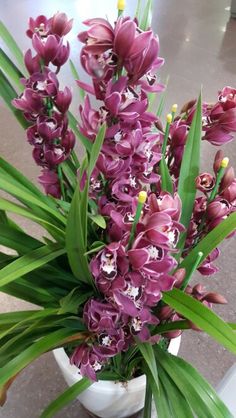 purple flowers are in a white vase on the floor