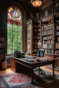 an old library with stained glass windows and lots of books on the shelves in it