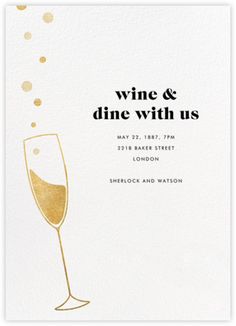 the wine and dine with us card is shown in gold foil on white paper