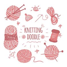 knitting doodle with balls of yarn, needles and ball of thread on white background