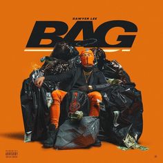 two men sitting on top of trash bags in front of an orange background with the words bag