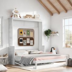 a bedroom with white walls and wooden floors, including a bed that has a book shelf above it