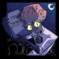 a drawing of a cat with yellow eyes holding a book in front of a night sky