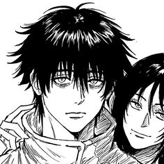 two anime characters one with black hair and the other with dark hair, are facing each other