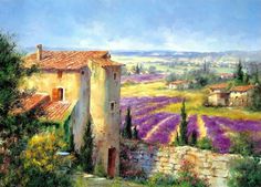 an oil painting of lavender fields and houses