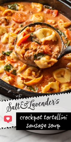 a ladle scooping some food out of a crockpot tortellini casserole soup