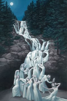 a painting of women dancing in front of a waterfall at night with the moon above them