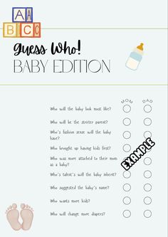 a baby's checklist with the words guess who, and an infant's foot