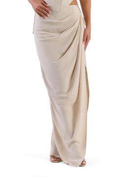 A thigh-high slit completes a captivating maxi skirt fashioned in a high-waisted silhouette with elegantly gathered pleats and a back-zip closure. 11" to 44" length (size Medium) Unlined 80% rayon, 20% linen Hand wash, line dry Imported 2 Piece Maxi Skirt Set, Kimberly Core, Linen Fits, Wardrobe Aesthetic, High Waist Maxi Skirt, High Waist Long Skirt, Maxi Skirt Style, Column Skirt, High Waisted Maxi Skirt