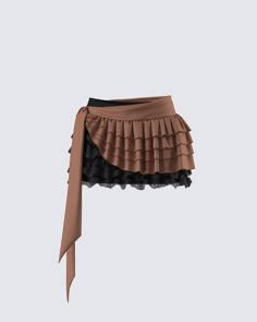 Ruffling some feathers in the sweetest way possible 😌 Embody flirty and fun energy in this black A-line mini skirt complete with five tiers of lace ruffles, a detachable brown ruffle sash, and an elastic waistband 🤎 Layered Ruffle Skirt, Pleaded Skirt, Skirt With Ruffles, Layered Mini Skirt, Skirt Inspiration, Concert Fit, Desired Reality, Fashion Moodboard, Skirted Swimsuit