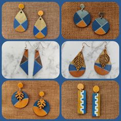 several different types of earrings on display in multiple pictures, including one with leaves and the other with geometric shapes