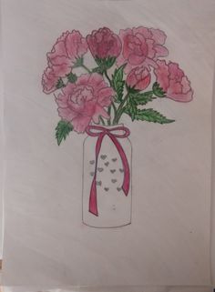 a drawing of pink flowers in a mason jar with a red ribbon tied around it