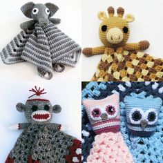 four crocheted stuffed animals in different colors