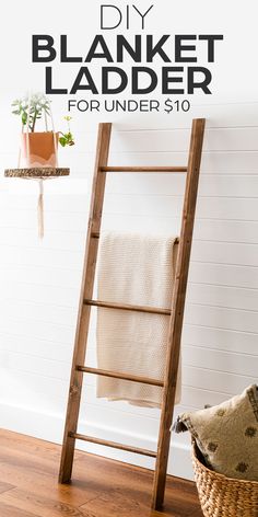 blanket ladder with blanket, hanging planter with plant Making Your Own Blanket Ladder, Blanket Ladder Measurements, Living Room With Blanket Ladder, Diy Blanket Ladder With Dowels, Blanket Ladder Dimensions, Cheap Blanket Ladder, Diy Wooden Blanket Ladder, Diy Farmhouse Blanket Ladder, Blanket Ladder Shelf