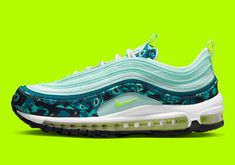 Trendy Fashion Women's Nike Air Max 97 Mint Foam Volt Green Camo Blue DX3366-300, Women's shoes Simple Color Combos, Patterns Outfit, Shoe Boxes, Nike Air Max For Women, Nike Air Huarache, Nike Air Max 97, Green Camo, Nike Air Max 90, Trendy Fashion Women