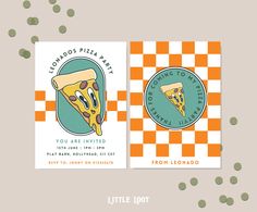 two business cards with pizza on them and polka dots in the background, one has a slice of pizza