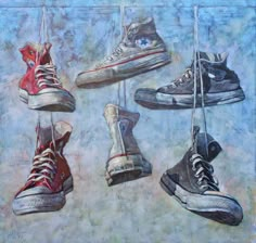 a painting of many pairs of shoes hanging from strings