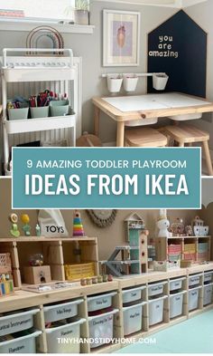 A collage of IKEA playroom design and storage ideas. The text over the image says, "9 Amazing Toddler Playroom Ideas from IKEA". Ikea Kallax Playroom, Ikea Playroom Ideas, Toddler Room Storage, Kallax Playroom, Small Playroom Organization, Functional Playroom, Kallax Kids Room, Ikea Kids Storage