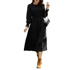 Womens 2022 Long Sleeve Midi Dress Crew Neck High Waist Smocked Flowy Tiered Dress Gender: Women, Lady, Female Material: 100% Rayon Dress Fit: Relaxed Neckline: Crew Neck Stretch: High Sleeves Length: Long Sleeve Season: Spring / Fall Features: Loose Fit Style, Midi Long Length, Elastic Smocked Waist, pull on design, easy to put on and take off, flowy and flattering when you are walking. STYLISH FEATURES: Vintage Round Neck Elastic High Waist Midi Dress Women's Elegant Long Sleeve Smocked Tiered Black Flowy Dress Fall, Long Sleeve Midi Dresses, Midi Dress Long Sleeve, Office Casual Outfit, Dress Women Elegant, Ruched Midi Dress, Rayon Dress, Casual Office, Womens Casual