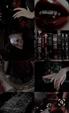 a collage of photos with red lipstick and gothic makeup, including an image of a woman's face