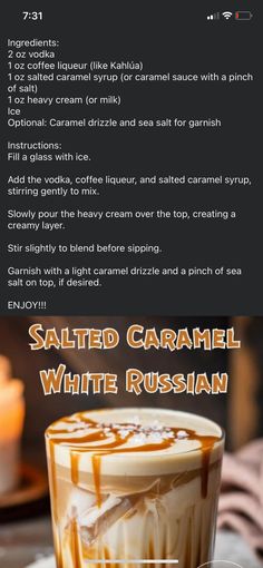 a menu with different types of food and drinks on the top one is labeled salted caramel white russian