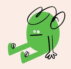 a drawing of a green object with eyes and hands on it's back legs