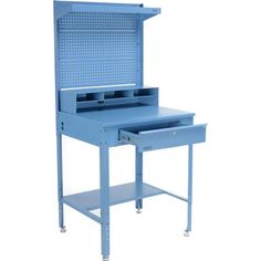 a blue desk with two drawers and a shelf on the bottom one drawer is open