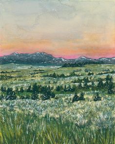 a painting of mountains in the distance with grass and flowers on the foreground at sunset