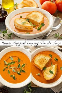 two pictures showing different types of soups and toasted bread in white bowls with basil leaves on top