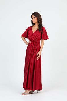 Elegant Full-length Bridesmaid Dresses, Satin V-neck Banquet Dress, Solid A-line Maxi Dress For Wedding, Red V-neck Wedding Dress, V-neck Satin Dress With Sweep Train, Red V-neck Maxi Dress For Banquet, Bridesmaid Maxi Dress With Sweep Train, Solid Color Full Length Wedding Dress, Maxi Length Dress For Prom