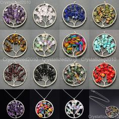 several different types of beads in the shape of tree pendants, each with various colors and sizes