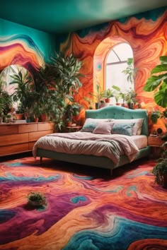 Immerse yourself in this dreamy bedroom oasis where your imagination takes flight amidst a kaleidoscope of swirling colors. Vibrant hues of orange, teal, and purple meld beautifully across the walls and floor, creating a whimsical, artistic atmosphere. This room is a true refuge for the dreamer's soul, encapsulating the essence of serene fantasy and bohemian elegance. Experience tranquility interwoven with colorful ecstasy in this unique bedroom haven. Colorful Relaxing Bedroom, Colorful Bohemian Decor, Colorful Tropical Decor, Orange Purple Bedroom, Orange And Purple Room, Orange Wall Bedroom, Minerva Aesthetic, Wall Painting Purple, Jewel Tone Living Room Bohemian