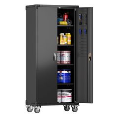 a black storage cabinet filled with drinks and cans on wheels for easy access to the room