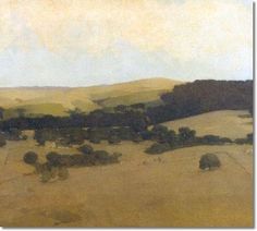 an oil painting of trees and hills in the distance