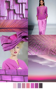 a woman in pink is walking down the runway with her hair pulled back and wearing a purple hat