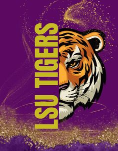 the lsu tigers logo is shown on a purple background with gold flecks and glitter