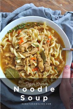 vegan chicken noodle soup in a white bowl