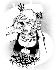 a black and white drawing of a woman talking on a cell phone with her hand up to her face