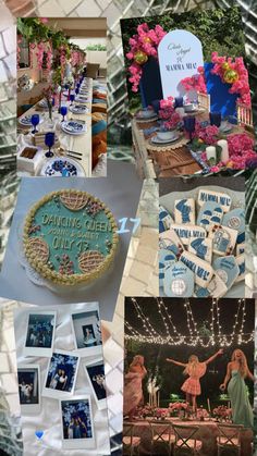 a collage of photos with blue and white decorations, pictures on the wall, and cake