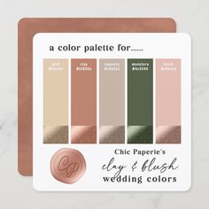 a card with the color palette for chic paper's day and flash wedding colors