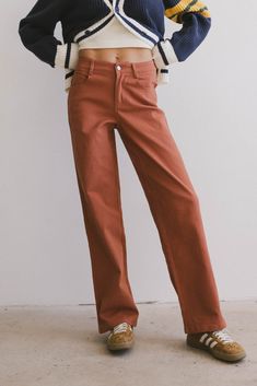 wide leg pants Burnt Orange Pants, Rich Girl Fashion, Watch Pocket, Orange Pants, Textured Sweater, Colored Denim, Distressed Jeans, Colored Jeans, Wide Leg Jeans