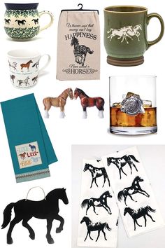 various items that include mugs, napkins and horses